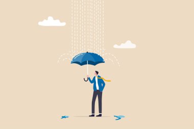 Dealing with bad luck, problem or depression, protect from business mistake, error or economic recession, security or insurance concept, confident businessman with umbrella to protect from rain storm.