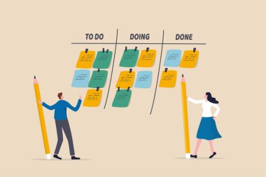 Review work progress on kanban board, todo list, in progress task and finished one, project management or planning for production concept, business people review project progress on kanban board. clipart