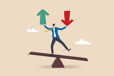 Loss and gain on investment, earning, profit or lose money from stock or crypto trade, financial green and red arrow chart concept, businessman investor balance on seesaw holding loss and gain arrow.
