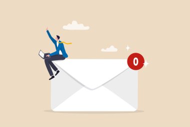Email management, handle many emails or manage to reply all emails, efficiency or productive way, prioritize or categorize information concept, businessman work with computer laptop on email envelope.