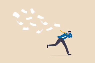 Overwhelmed or work overload, exhausted and anxiety, stressed and tired from problem and trouble, panic attack or shocked, burnout and depression concept, fearful businessman runaway from paperwork.