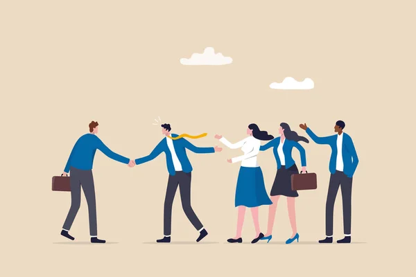 Onboarding new employee, warm welcome to new office, introduce new hire to colleagues, orientation training on first day concept, businessman manager handshake welcome and introduce new staff to team.