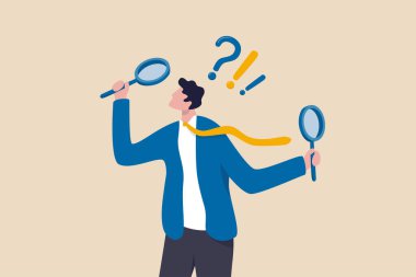 Observation or examination, curiosity to discover secret, search or analyze information, investigate or research concept, curious businessman holding magnifying glass observe data with question mark. clipart