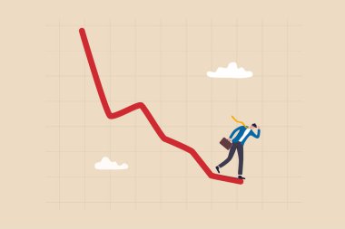 Economic recession, stock market plunge or falling down, cryptocurrency crash or financial crisis from inflation concept, businessman investor standing on falling down red graph look for bottom.