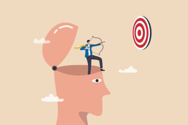 Success mindset, attitude to achieve goal or target, challenge to succeed in work, growth mindset or thought leader and determination concept, courage businessman archery aiming bot to hit target.
