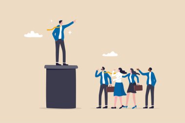 Thought leadership, CEO or executive position who guide company direction, leading business forward or guiding direction concept, confident businessman leader pointing finger for colleagues to follow.