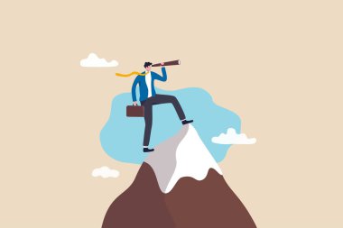 Visionary, look to see future or search for opportunity, finding way to success or discover new job or career, challenge or mission concept, businessman look through telescope to see business vision.