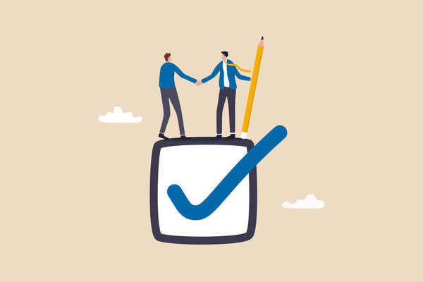 Обязательство, обещание или соглашение, чтобы поставить или закончить работу, лидерские навыки или доверие к ответственности за работу, подотчетность или помолвка концепции, бизнесмен рукопожатие на галочку завершена чекбокс.