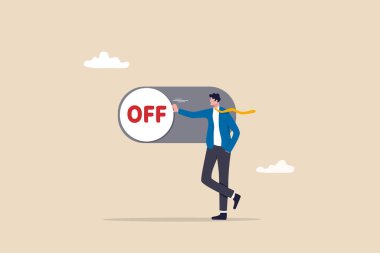 Switch off or turn off setting preference, analytics control panel or power shutdown electricity, saving energy and ecology concept, businessman pushing switch to be off in control panel dashboard. clipart