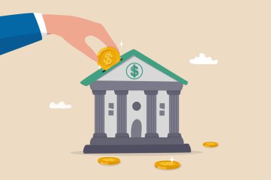 Yatırım bankası finans hizmeti yatırım danışmanlığı, sermaye yönetimi veya şirket için kredi, para büyümesi veya kar ve kazanç kavramı sağlamak için, işadamı elini yatırım bankasına dolar para koydu.