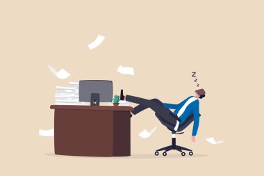 İşten çıkma, motivasyon eksikliği, iş sıkıntısı ya da ahlak, yorgunluk ya da tanıma konsepti olmadan sıkı çalışmaktan tükenme, iş yerinde çalışırken mutsuz iş adamı uykusu.