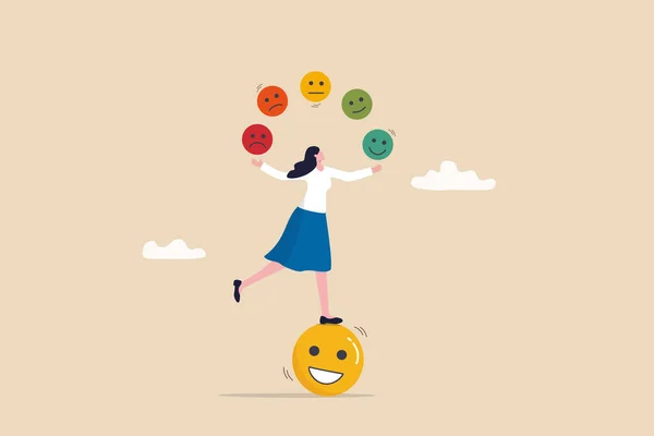 控制感情或情感 心理学是成功或焦虑与幸福的平衡概念 快乐女人在笑脸上的平衡杂耍表达情感的脸 — 图库矢量图片