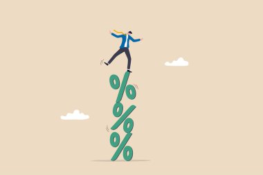 Risky interest rate hike causing business slow down or investment crisis, risk of economic recession, unstable financial or banking debt problem concept, businessman balance on percentage stack. clipart