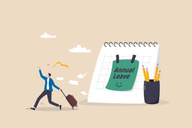 Yıllık izin, izin al ya da dinlenmek için tatil yap ve sıkı çalışmaktan, zaman ve programdan uzak dur. Yıllık izin kavramını hatırlat, mutlu iş adamı, yıllık izin notuyla birlikte takvime koşuyor..