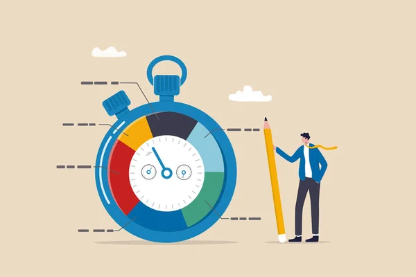 时间跟踪系统或时间管理来管理项目或生产力 评估效率或项目资源规划的概念 商人站在停止计时器上花费饼图 — 图库矢量图片