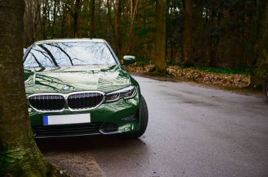 Almanya, Bocholt, 28 Nisan 2022: Yeşil bir BMW 4 Serisi ormanın içinde yol kenarında duruyor. Modern araba kavramı doğada var. BMW hız limitinin altında