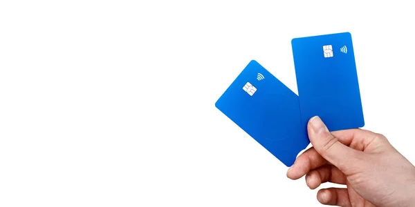 Hand Young Woman Holds Bank Cards Chip Contactless Payment Function — Stock Photo, Image