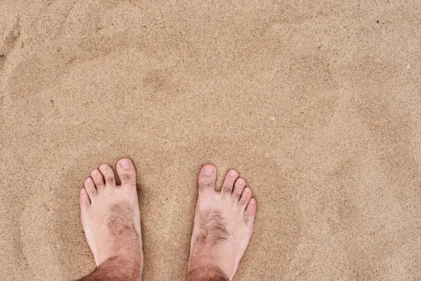 Mens Feet Stand Beautiful Yellow Coarse Sand Sharp Sand Man — Fotografia de Stock
