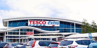 Newcastle upon Tyne, UK, 23 July 2022 - Tesco extra supermarket facade and logo. Rising prices in the UK.