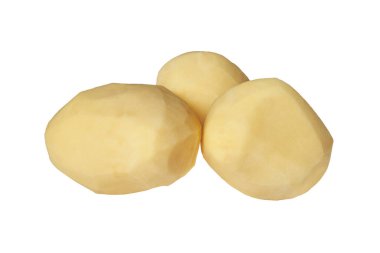 Beyaz arka planda soyulmuş üç çiğ patates. Mükemmel soyulmuş ev yapımı patatesler. Bir demet çiğ patates..