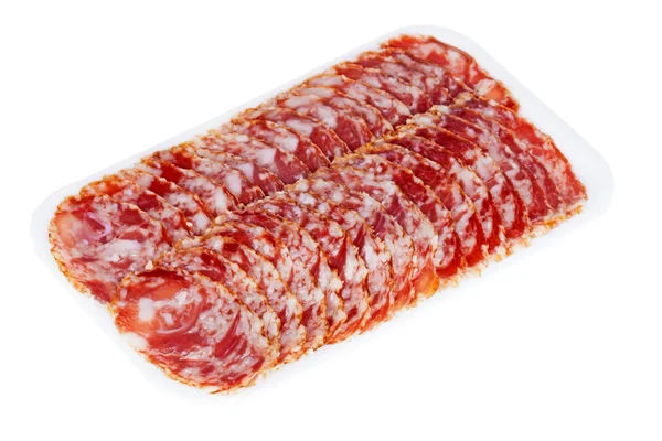 Saucisse coupante isolée sur blanc — Photo