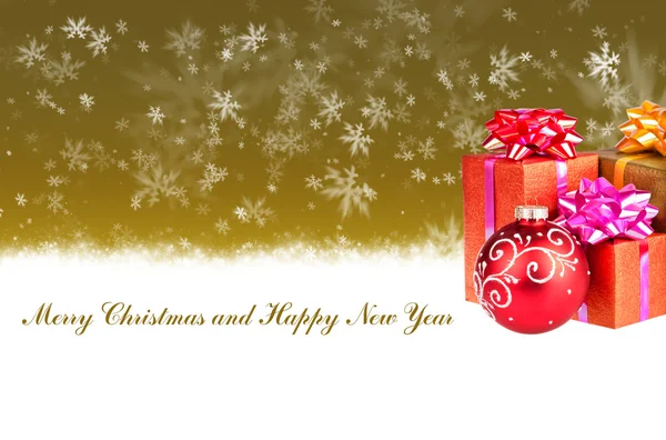 Glædelig jul og Godt Nytår guld baggrund med julegaver - Stock-foto