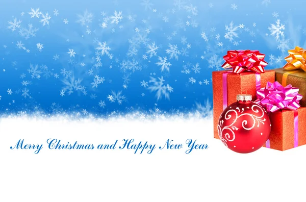 Merry Christmas and Happy New Year blue background with Christmas gifts — Stock Photo, Image