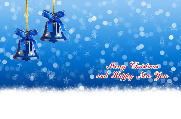 Glædelig jul og Godt Nytår blå baggrund med juleklokker - Stock-foto