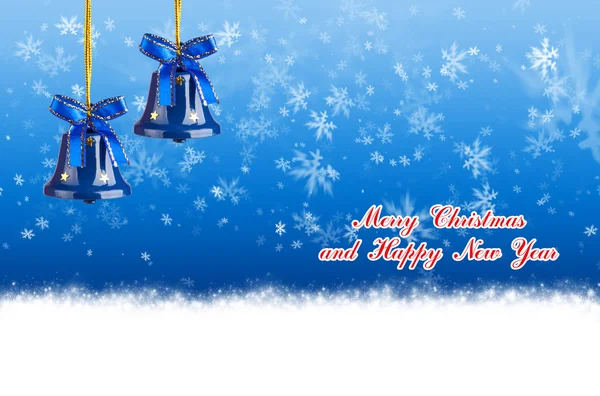 Merry Christmas and Happy New Year blue background with Christmas bells — Stock Photo, Image