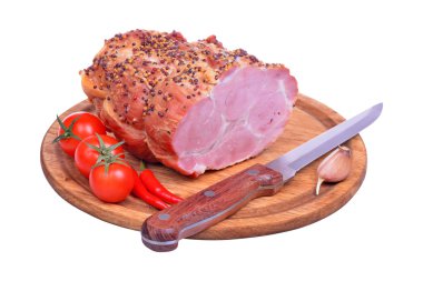 Baked pork neck, tomatoes, peppers, garlic and knife clipart