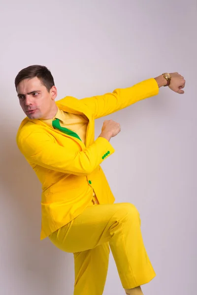 Portrait Happy Confident Businessman Yellow Suit Tie Isolated White Background — Stock Photo, Image