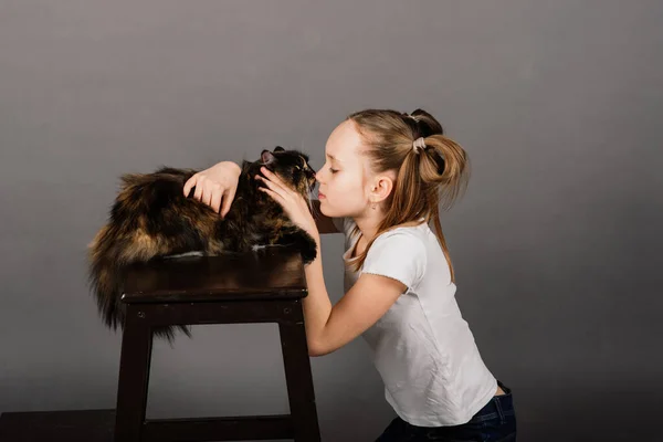 Portret Dziewczynki Bawiącej Się Swoim Zwierzakiem Czarny Duży Kot — Zdjęcie stockowe