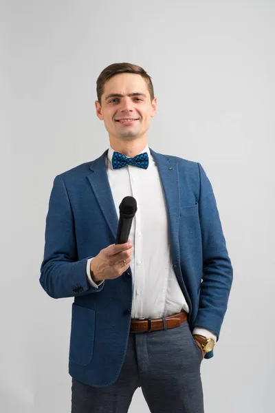 Portrait Professional Male Reporter Holding Microphone Isolated White Green Background — Stock Photo, Image