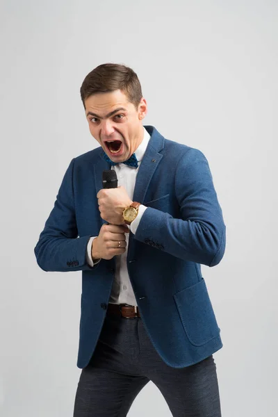 Portrait Professional Male Reporter Holding Microphone Isolated White Green Background — Stock Photo, Image