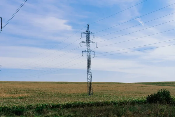 stock image Electric power transmission lines at sky background, an autumn field