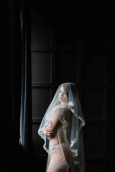 Mooi Meisje Sexy Brunette Wit Ondergoed Poseren Een Kamer Interieur — Stockfoto