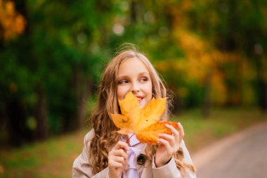 Güzellik parkında sonbahar yaprakları olan sevimli küçük kız.