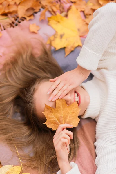 Season People Concept Beautiful Young Woman Autumn Maple Leaves Lying — Stock Photo, Image