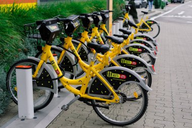 Bratislava, Slovakya - 11.17.2021. Bisikletler arka arkaya park edilmiş, parktaki bir bisikletçi dükkanında. seçici odak