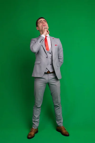 Young Business Man Full Body Isolated White Green Background — Stock Photo, Image