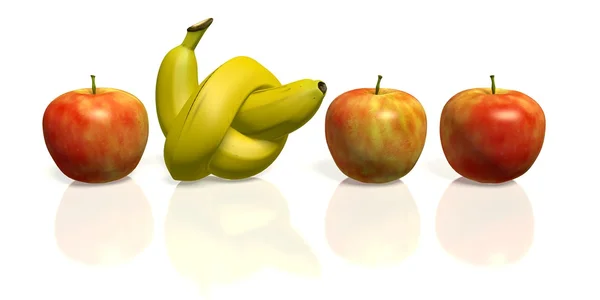 Banane mit Knoten zwischen roten Äpfeln — Stockfoto