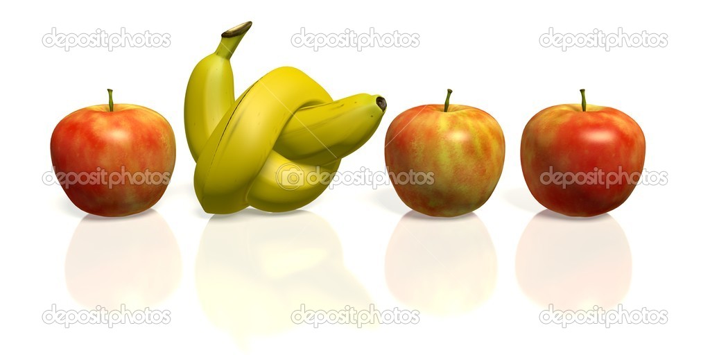 Banana with knot between red apples