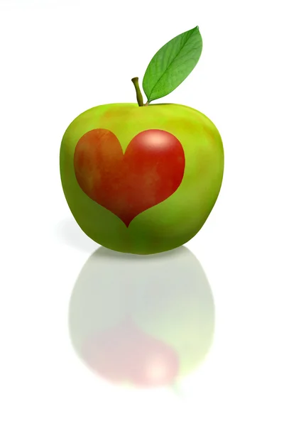 Green Apple with red heart — Stock Photo, Image