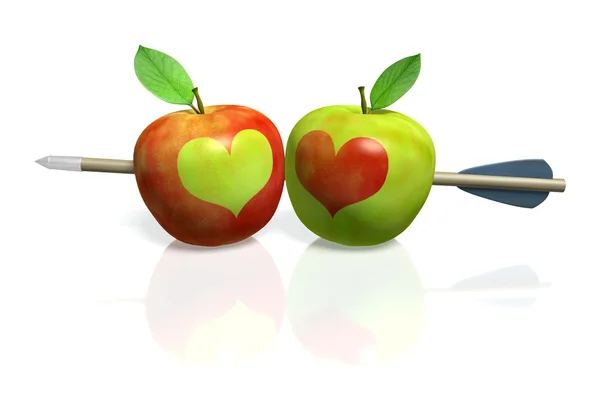 Red and green apple with heart pierced by an arrow — Stock Photo, Image