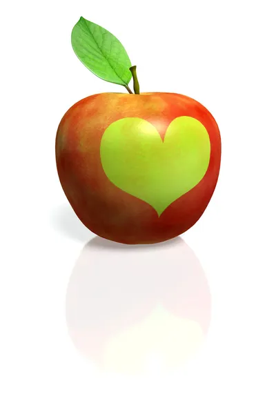 Red Apple with green heart — Stock Photo, Image