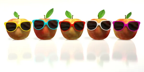 Pięć jabłek z kolorowe okulary — Zdjęcie stockowe