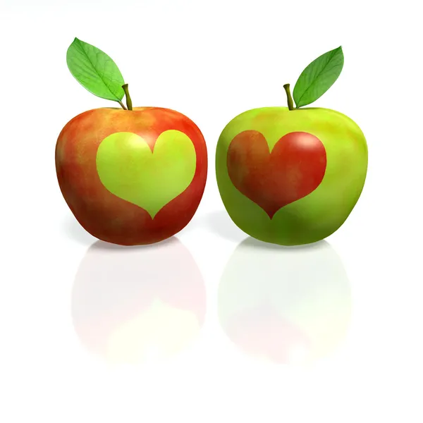 yeşil kalp ve yeşil elma kırmızı kalpli Kırmızı elma
