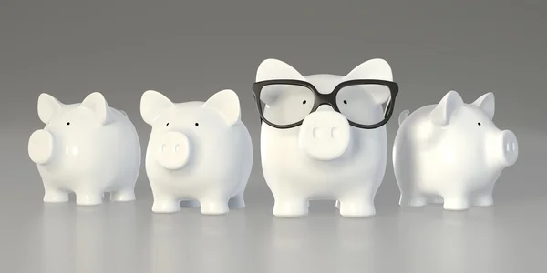 Piggy bank - group with big pig with glasses — Stock Photo, Image