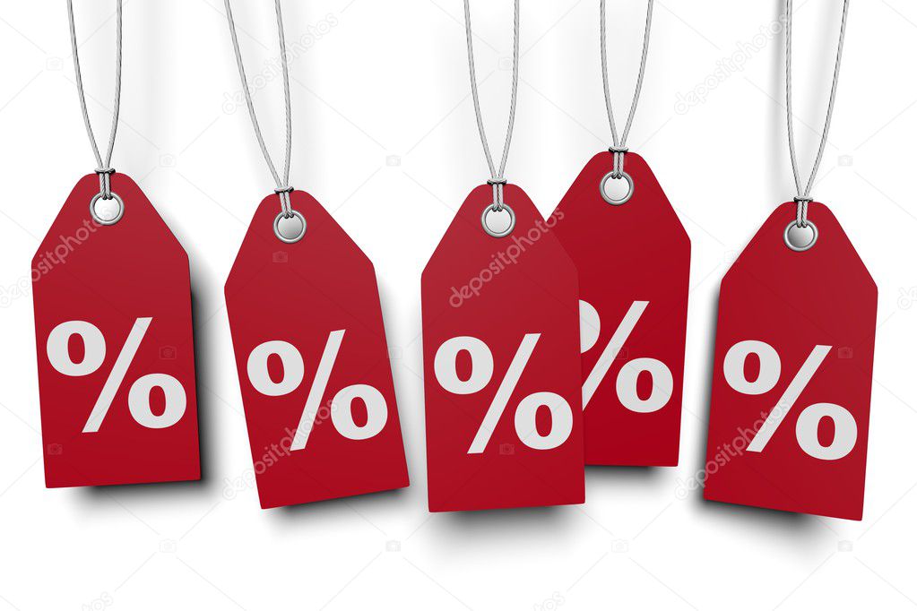 Five red tags with percent sign