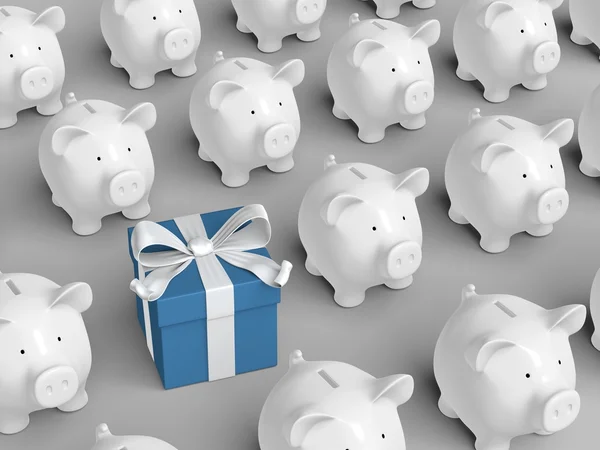 Piggy bank - grid with blue gift box — Stock Photo, Image